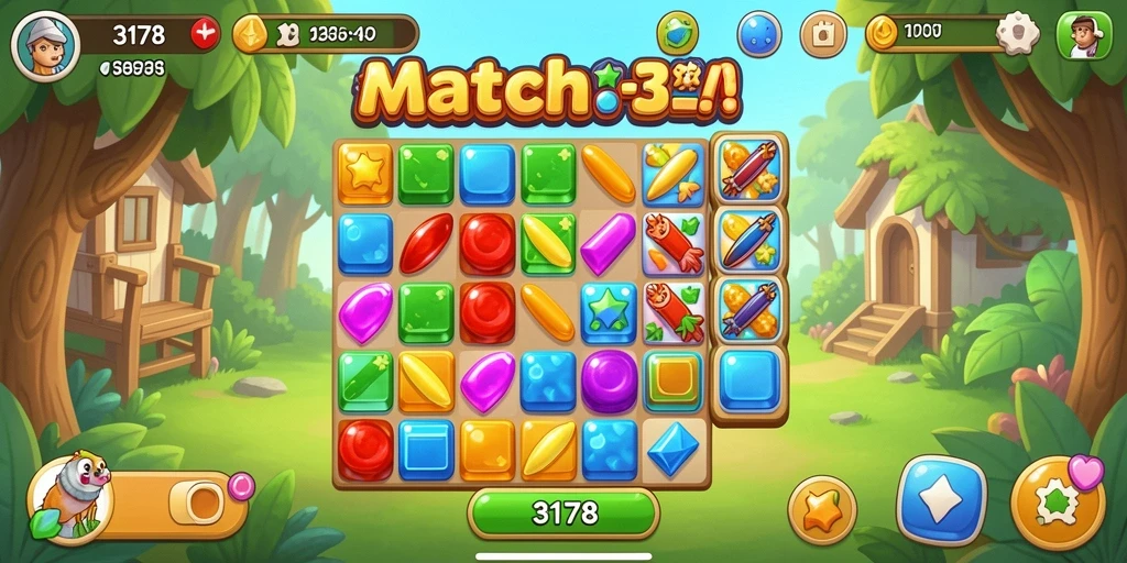 Tampilan gameplay 3178 dengan level Match-3 yang penuh warna.