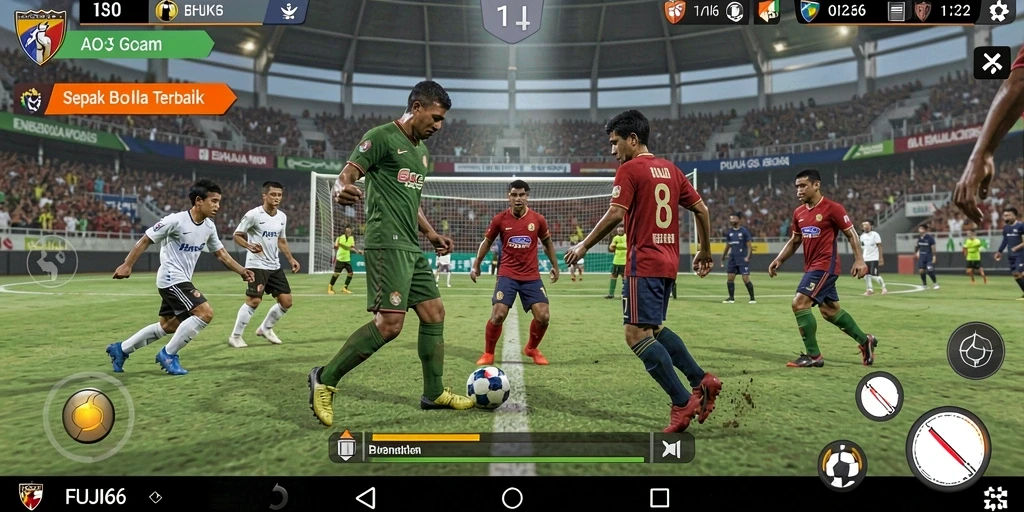 Screenshot utama FUJI66 menunjukkan aksi seru di lapangan sepak bola.