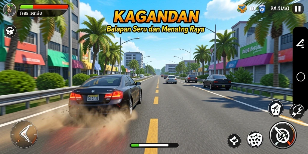 Screenshot gameplay KAGANDAN menampilkan balapan seru di jalan raya.