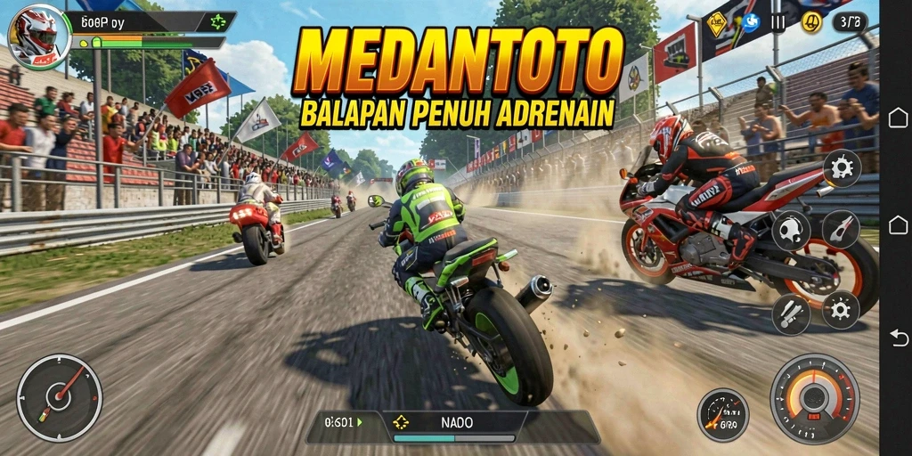 Screenshot utama MEDANTOTO menunjukkan aksi balapan motor yang mendebarkan.
