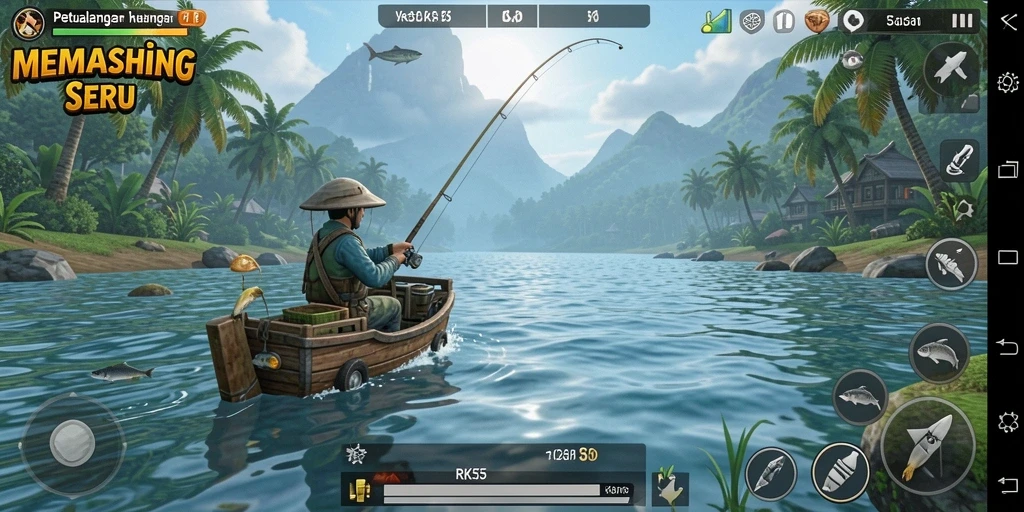 Screenshot gameplay RK55 menunjukkan aksi memancing yang seru.