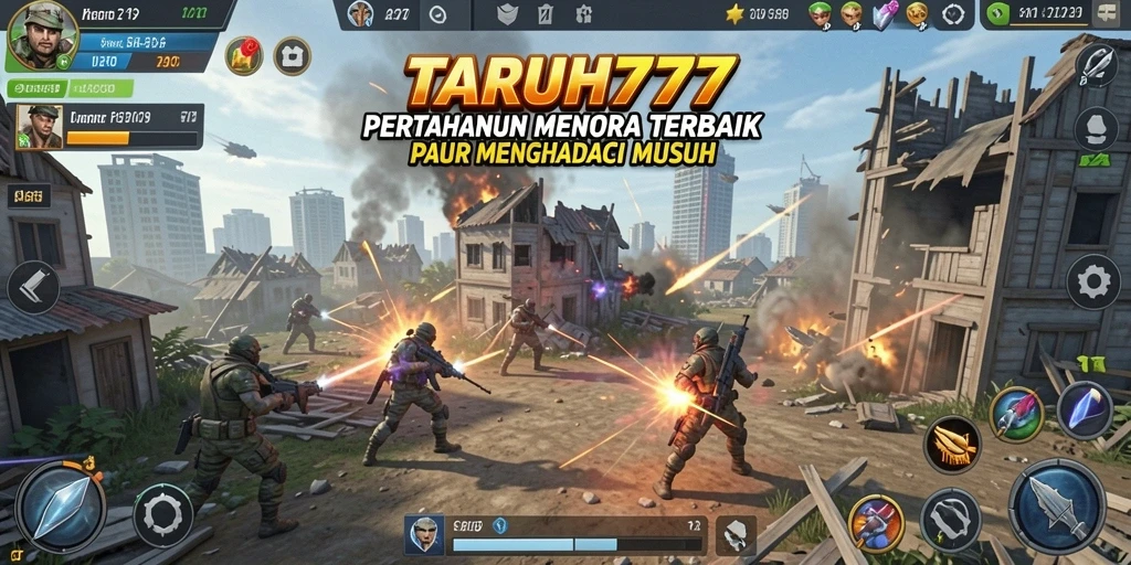 Screenshot gameplay TARUH777 yang menunjukkan menara dan musuh.