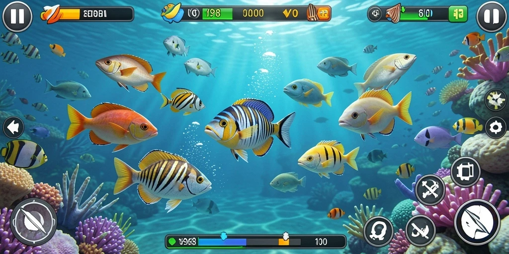 Tangkapan layar gameplay V98 menampilkan aksi tembak ikan yang seru.