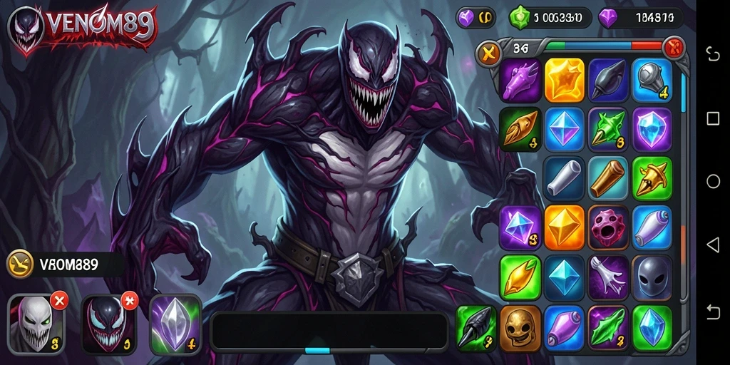 Screenshot menunjukkan gameplay seru dalam permainan Match-3 VENOM889.